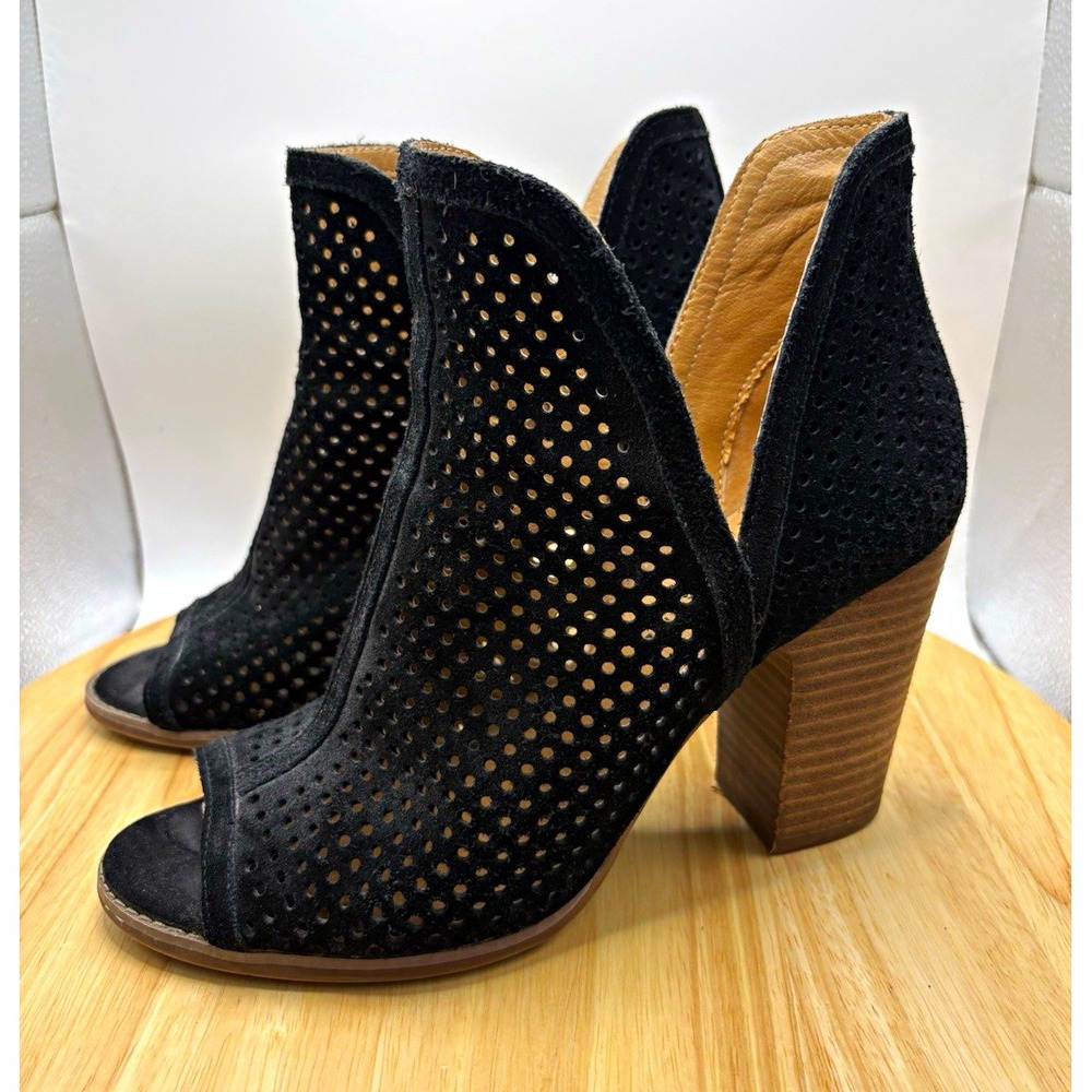 Lucky Brand Women’s 9.5M Black Suede Perforated Open Toe Ankle Bootie Slip On